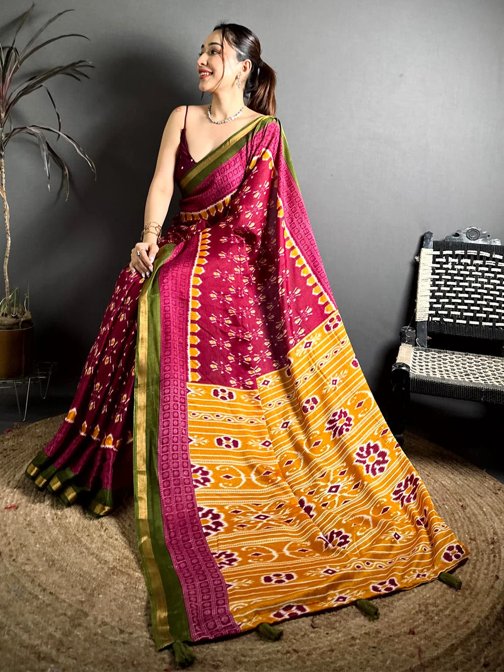 Exclusive Maroon Mul Cotton Ikkat Print Saree