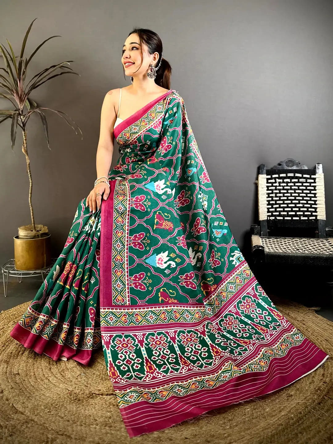 Elegant Green Patola Print Tussar Saree