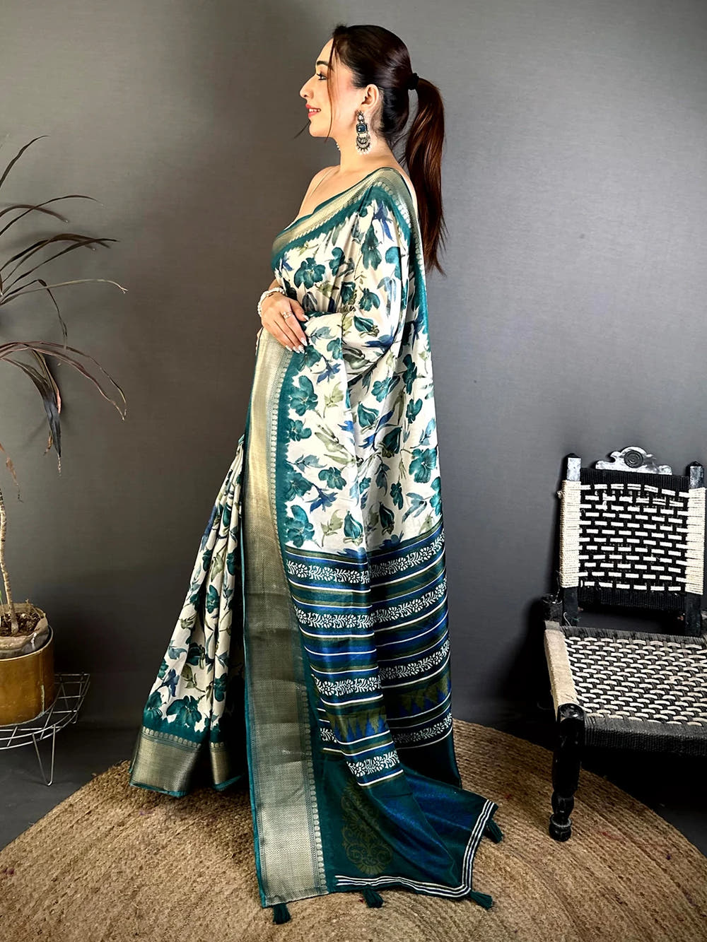 Elegant Teal Soft Dola Floral Print Saree