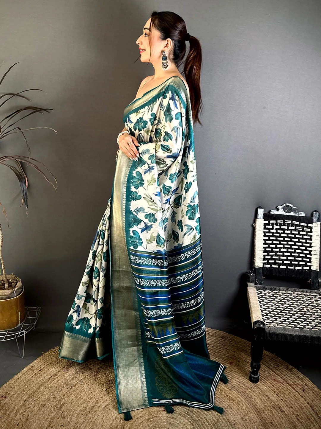 Elegant Teal Soft Dola Floral Print Saree