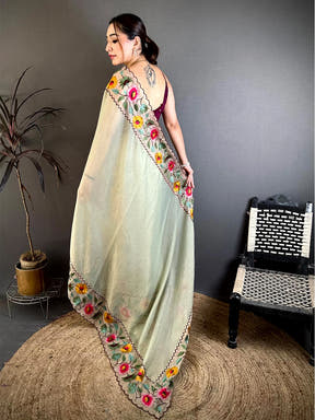 Pista Soft Crush Silk Resham Floral Border Saree