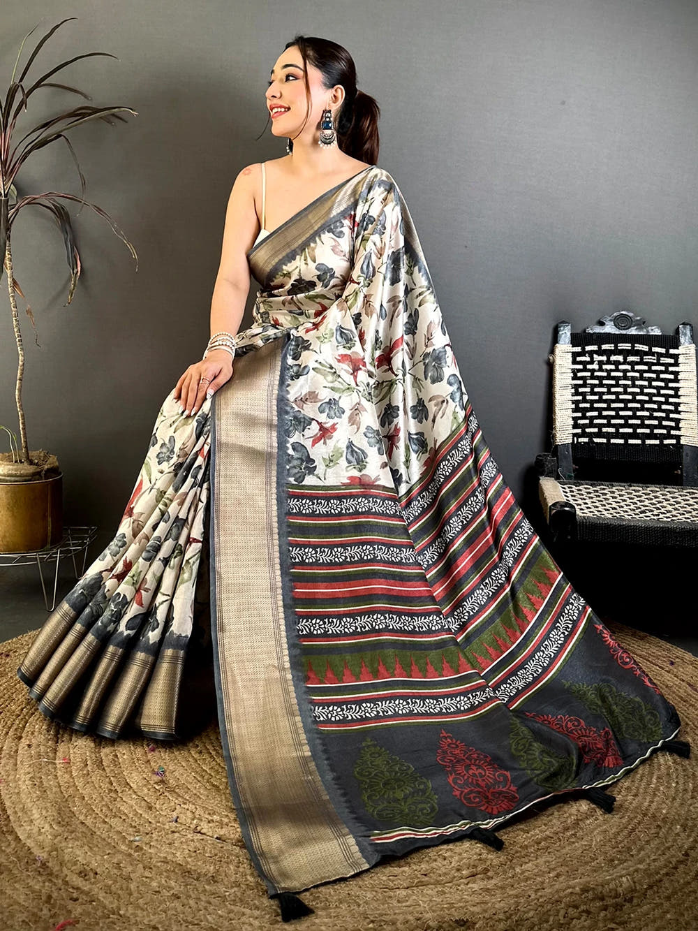 Classic Grey Soft Dola Floral Print Saree