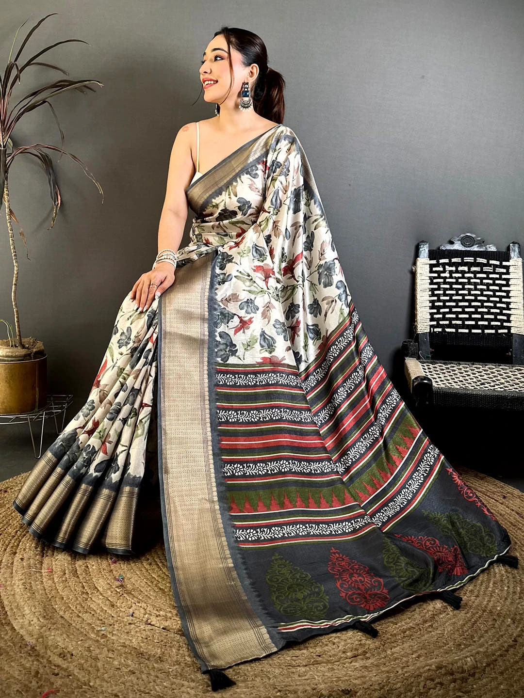Classic Grey Soft Dola Floral Print Saree