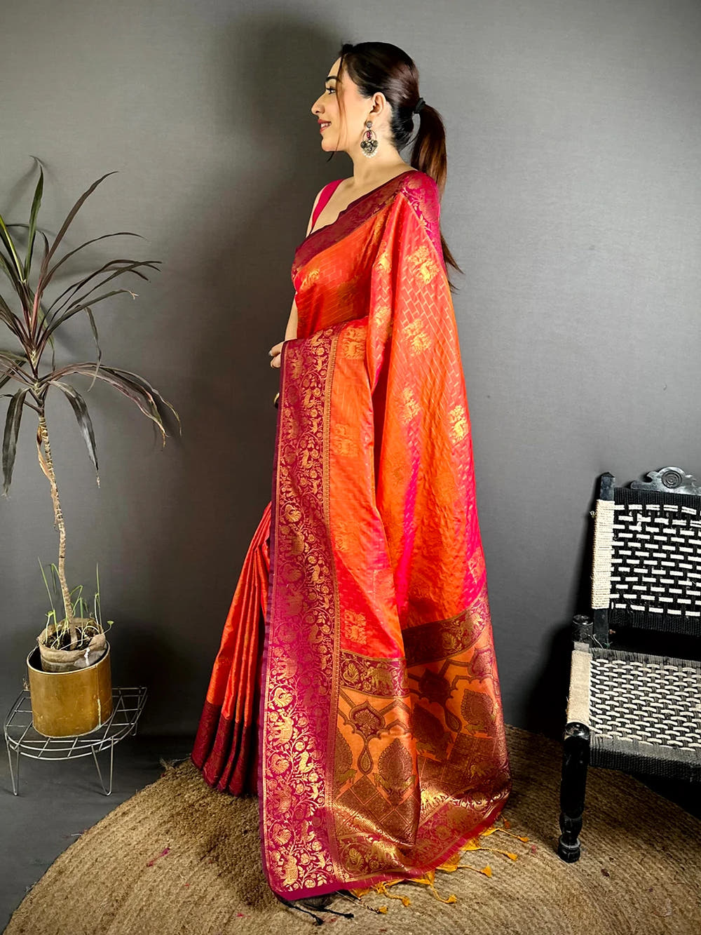 Exclusive Orange Soft Silk Jangal Zari Saree