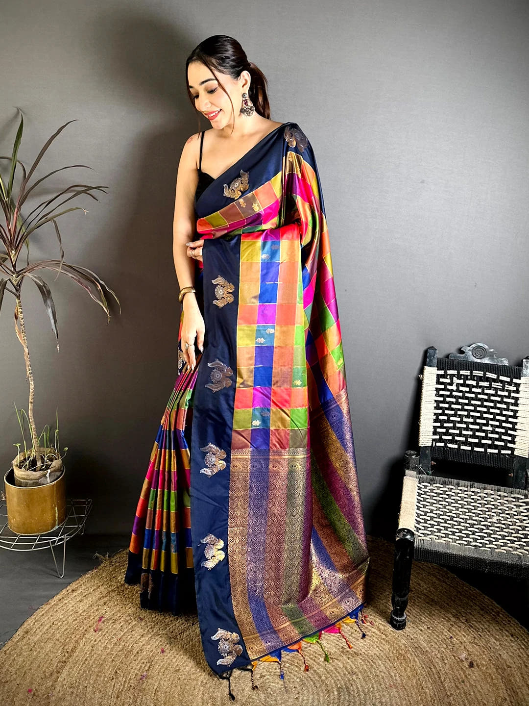 Navy multi colour soft silk checks saree, full length view showing the contrast border and tassels at the pallu end
