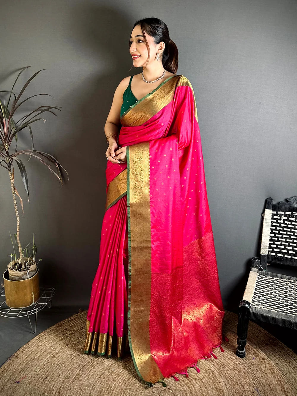 Royal Pink Raw Silk woven buti saree, full length front view showing the scattered buti motifs and wide border
