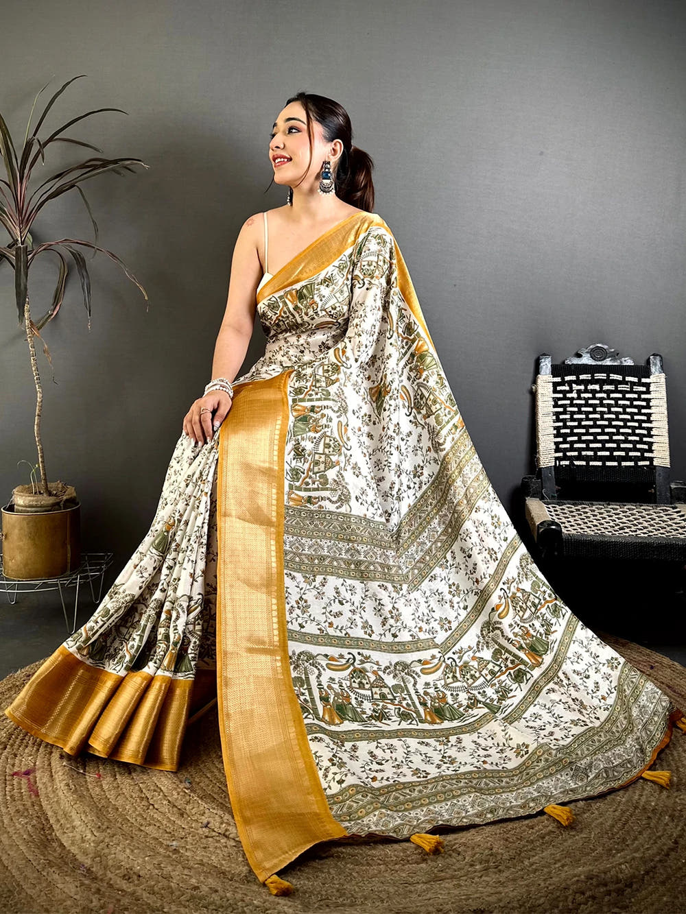 Classic Soft Dola Madhubani Print Saree