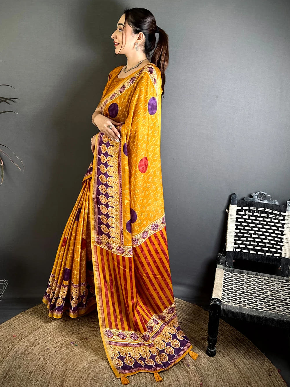 Mustard Mul Cotton Bandhani Ajrak Print Saree