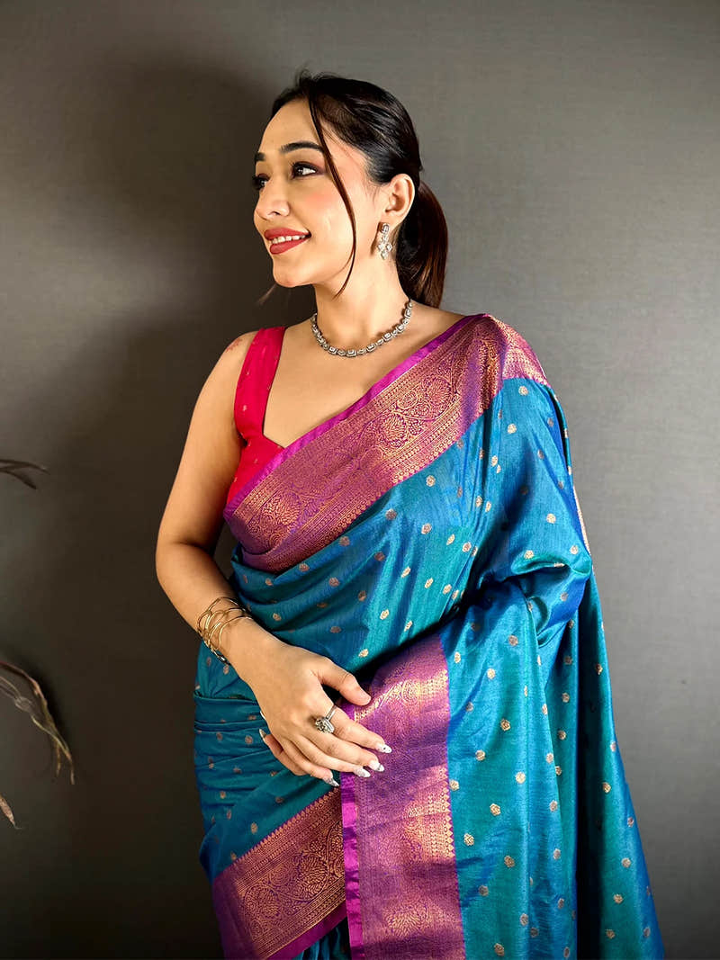 Royal Teal Raw Silk Zari Buti Saree