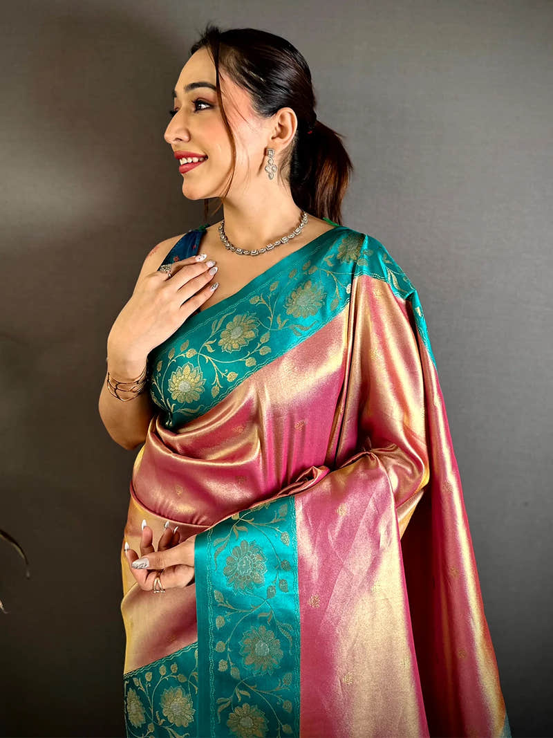 Elegant Pink Soft Tissue Zari Saree