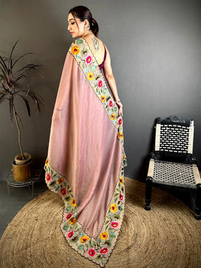 Pink Soft Crush Silk Resham Floral Border Saree
