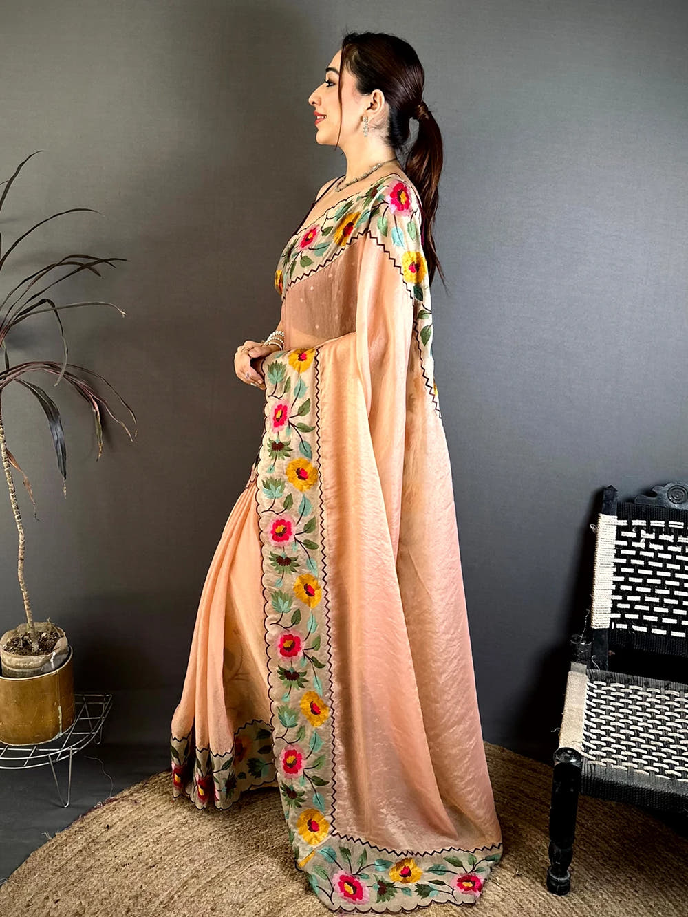 Peach Soft Crush Silk Resham Floral Border Saree