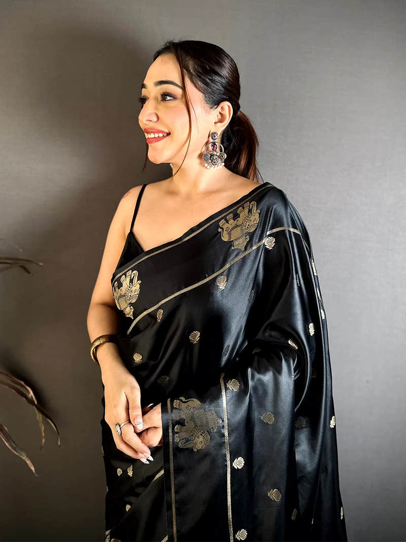 Black Satin Silk Elephant Zari Saree