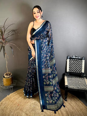 Navy Soft Kota Doriya Satin Border Saree
