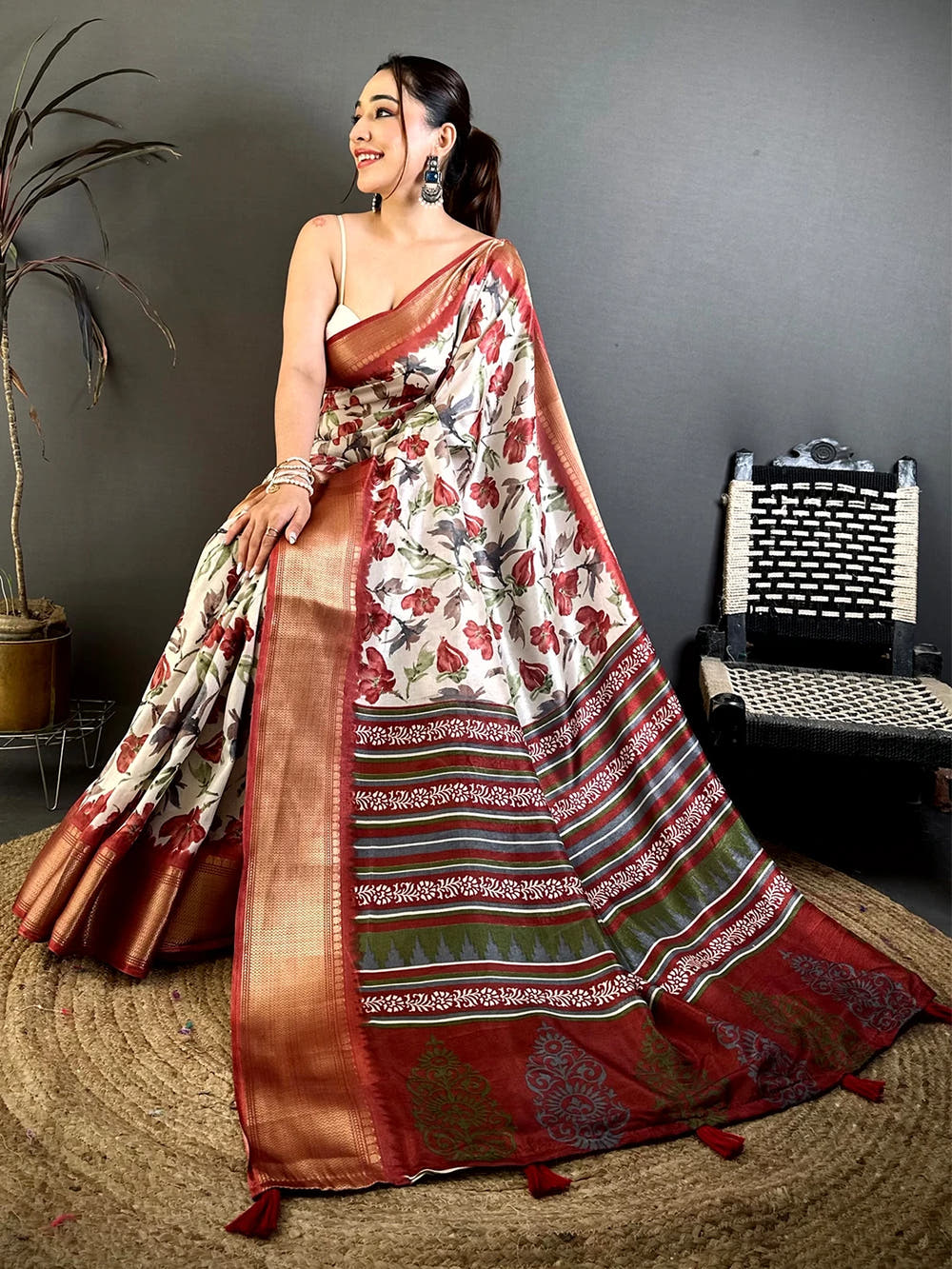 Radiant Rust Red Soft Dola Floral Print Saree