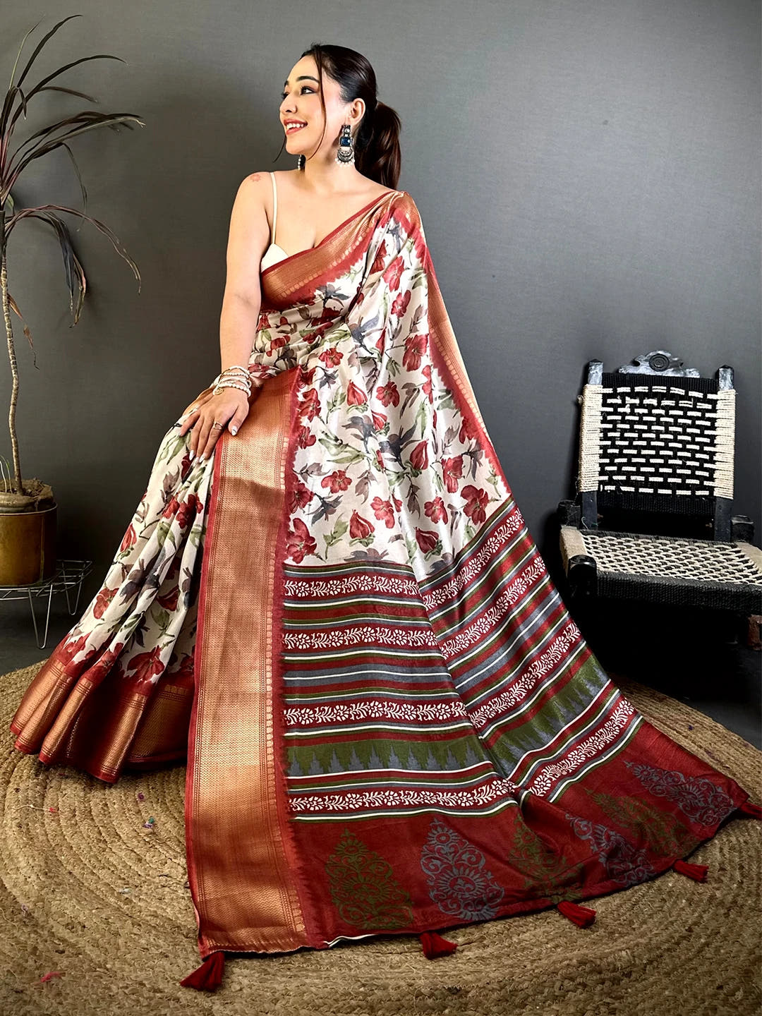 Radiant Rust Red Soft Dola Floral Print Saree