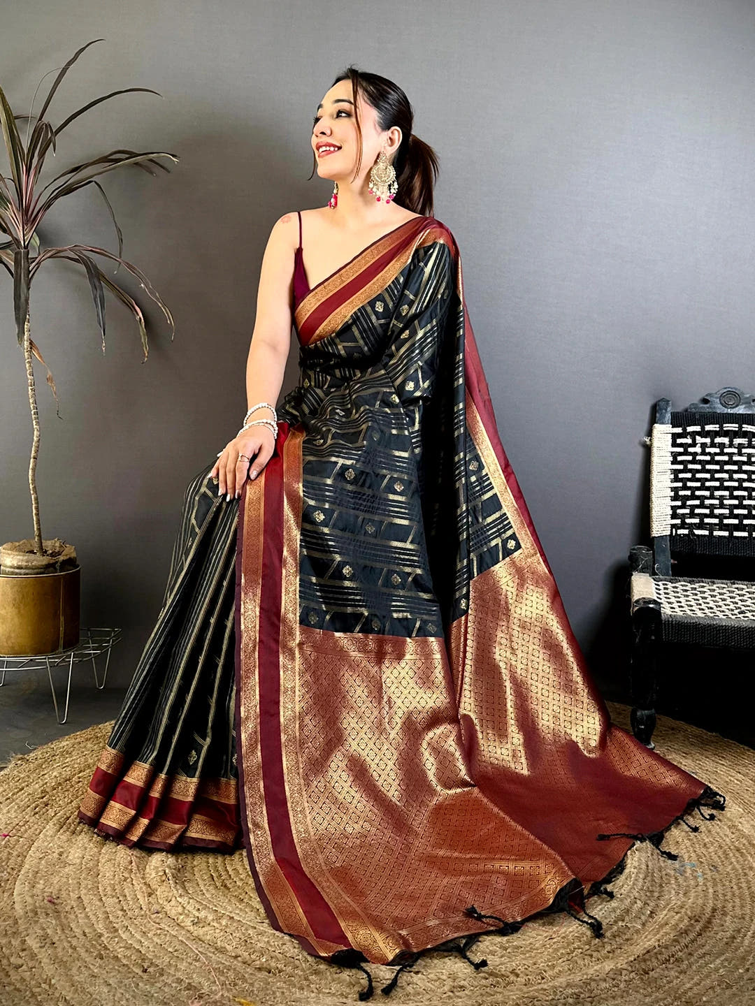 Black Soft Silk Maroon Gadwal Border Saree