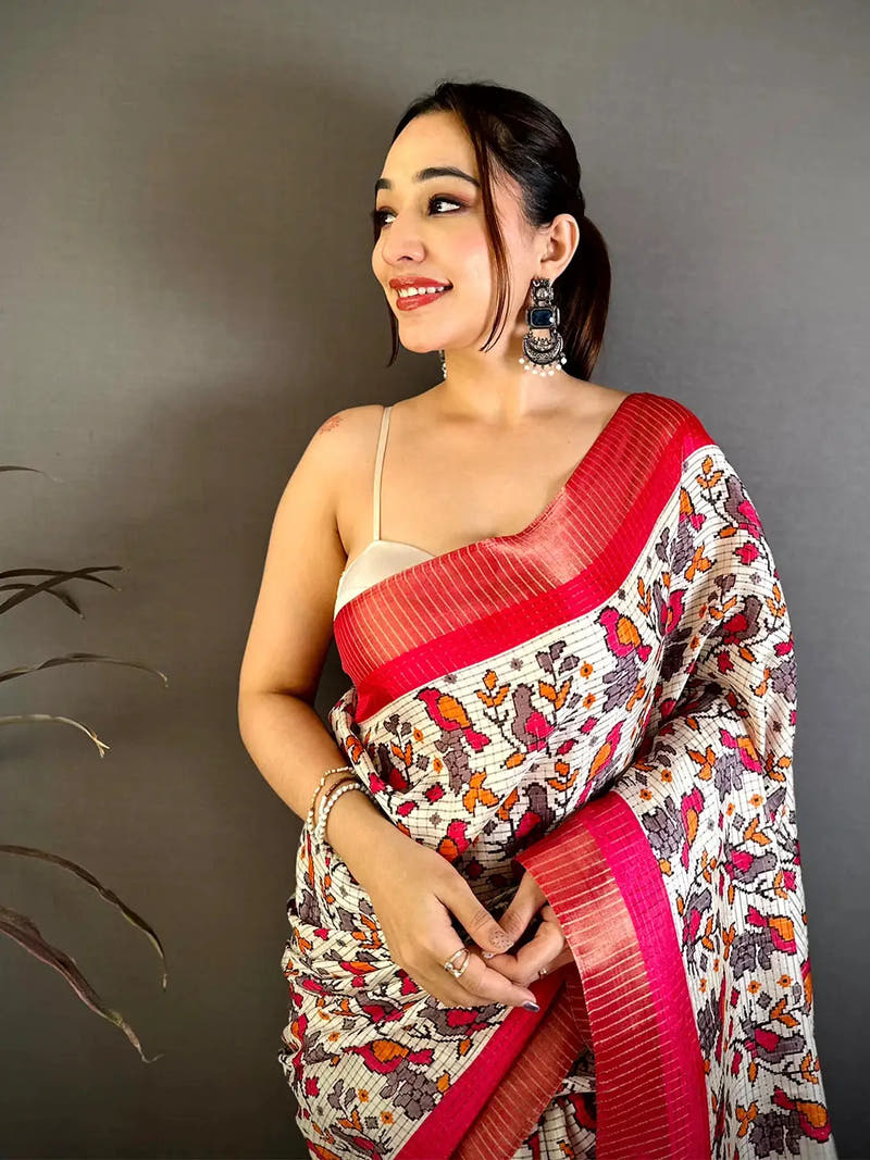 Pink Bird Printed Tussar Check Saree