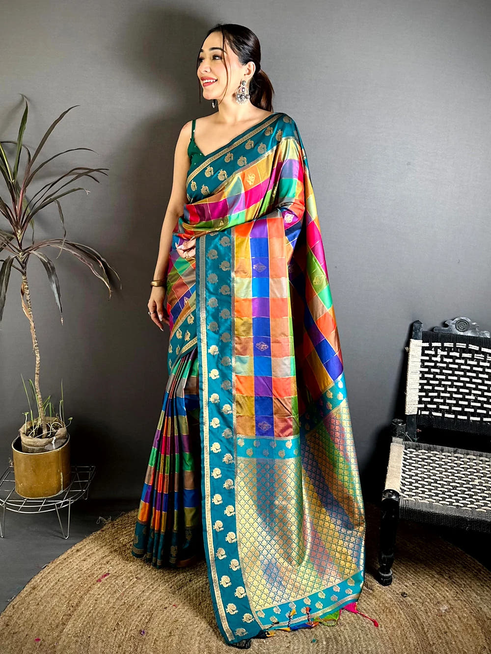 Teal multi colour soft silk Pallampazam-style chex saree, full length front view with rich zari pallu and tassels