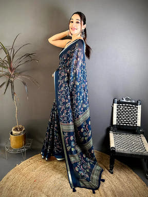 Navy Soft Kota Doriya Satin Border Saree