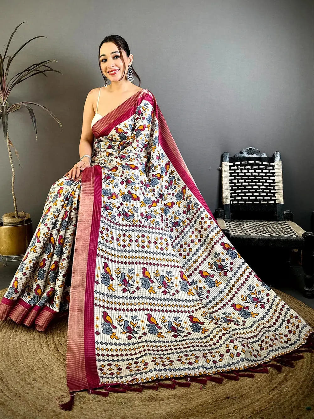 Wine Bird Printed Tussar Check Saree