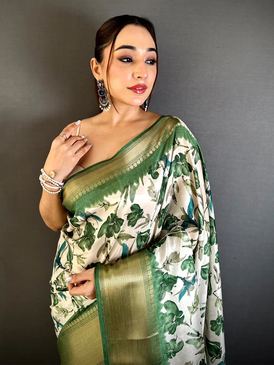 Elegant Olive Soft Dola Floral Print Saree