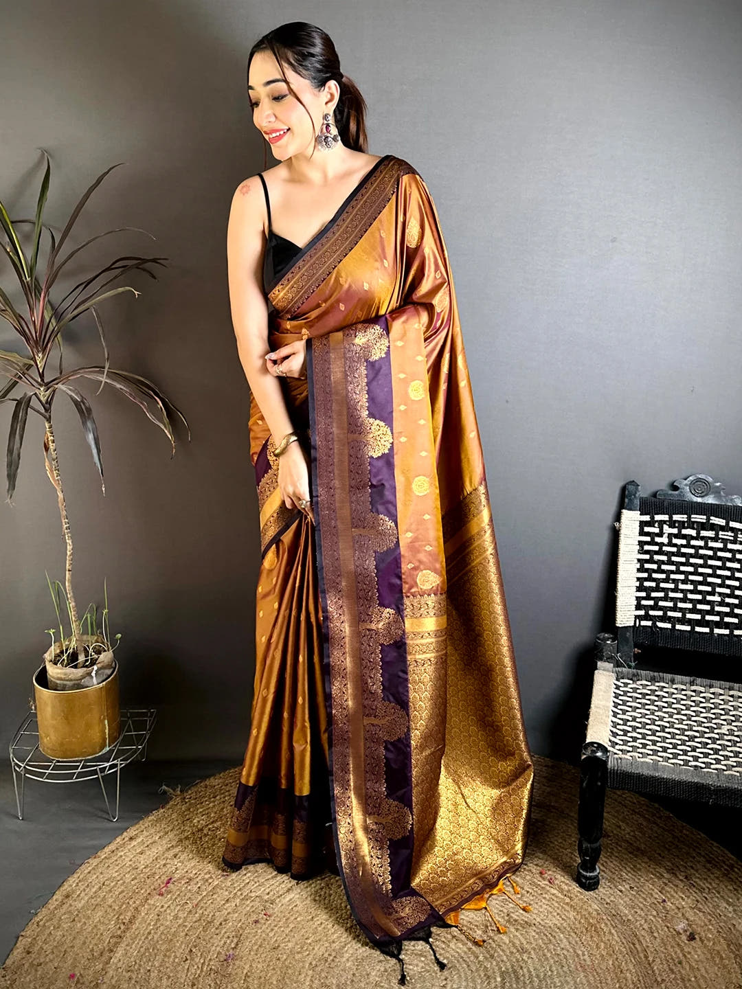 Copper soft silk tree Gadwal zari saree, full length front view showing the purple contrast border and zari weave