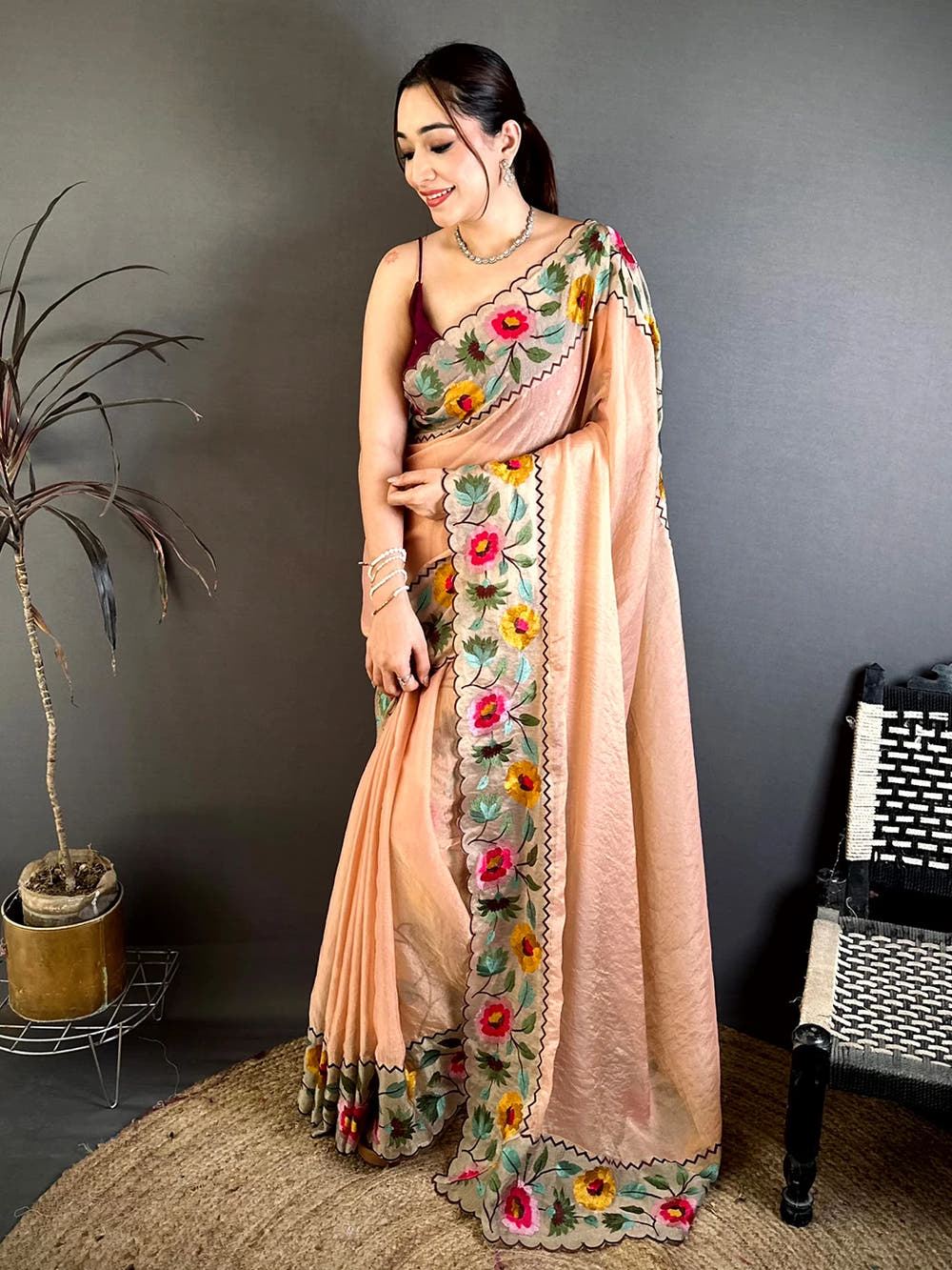 Peach Soft Crush Silk Resham Floral Border Saree