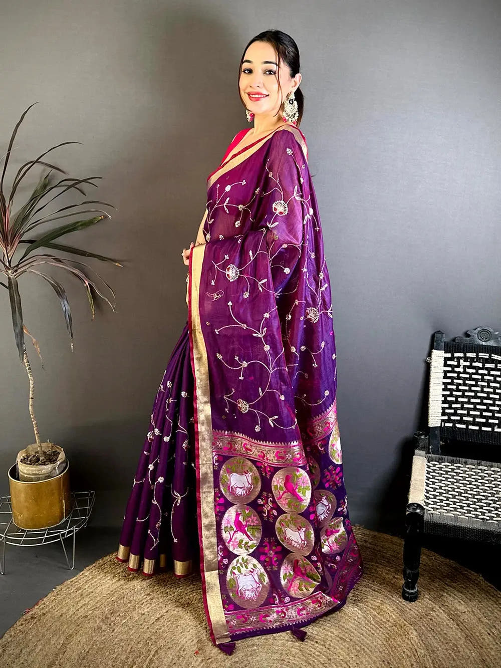 Purple Linen Chanderi Pearl Bead Work Saree