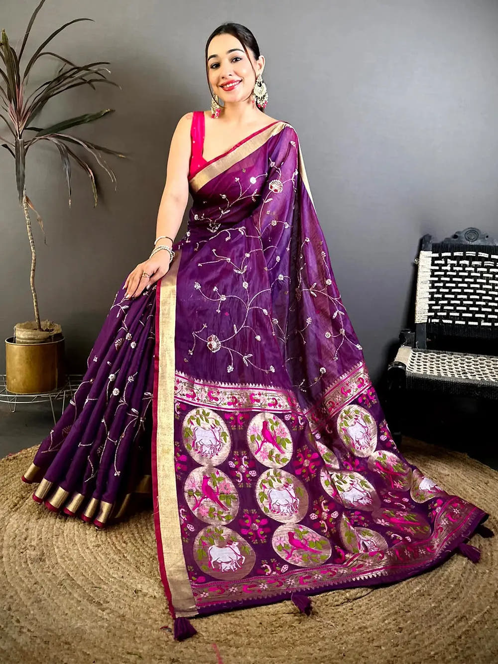 Purple Linen Chanderi Pearl Bead Work Saree