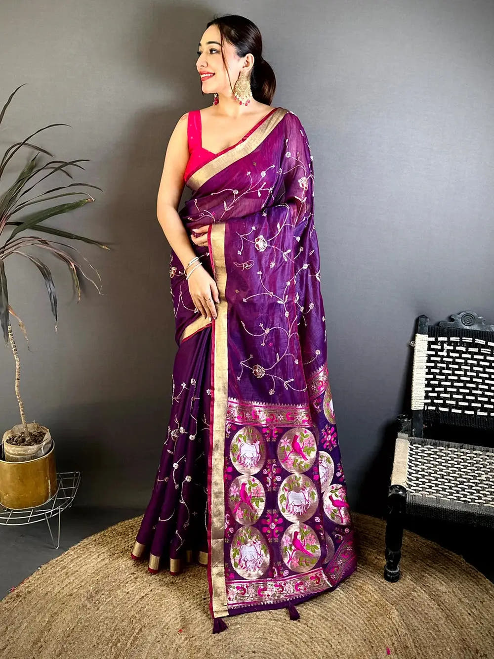 Purple Linen Chanderi Pearl Bead Work Saree