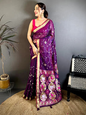 Purple Linen Chanderi Pearl Bead Work Saree