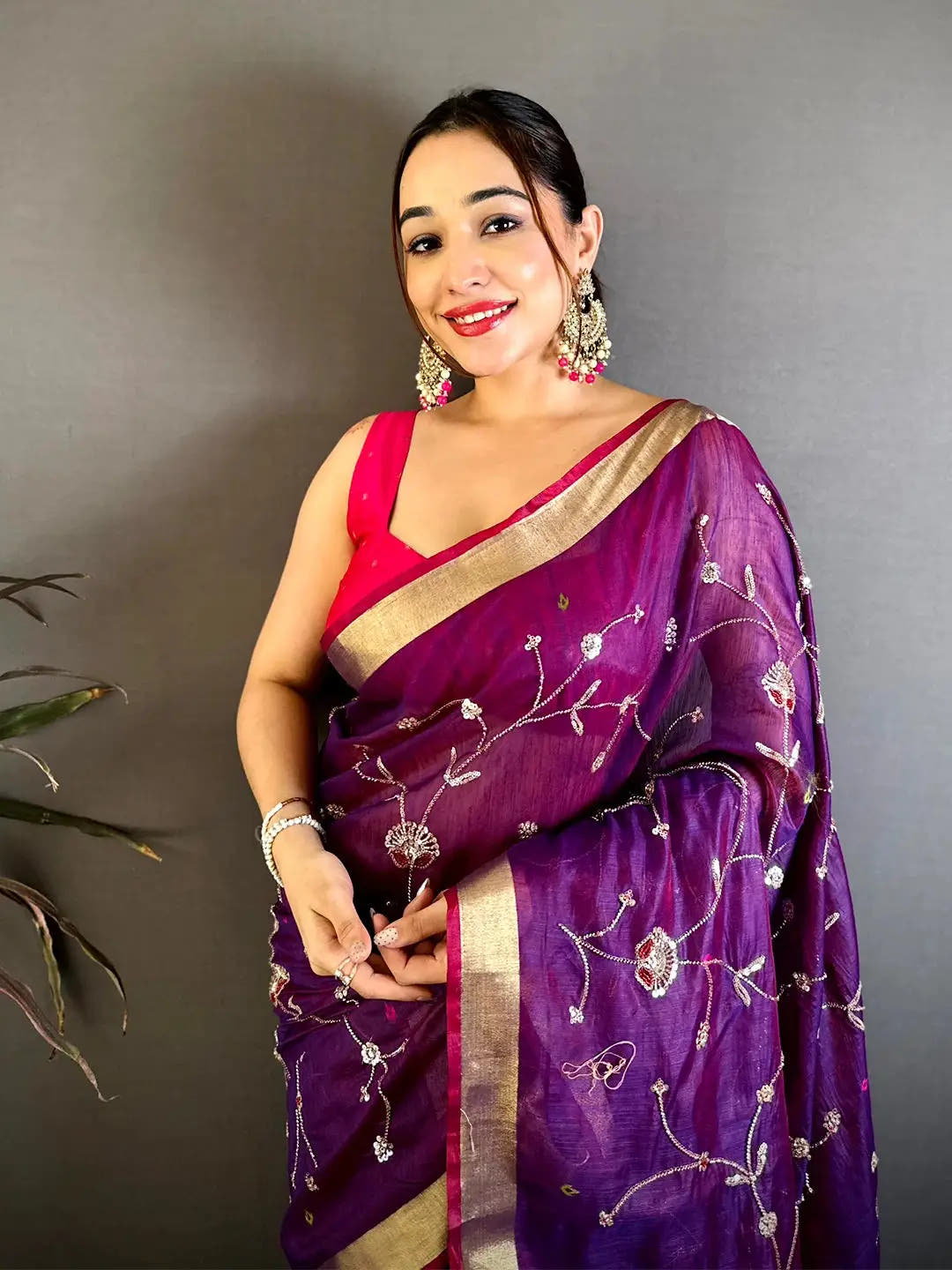 Purple Linen Chanderi Pearl Bead Work Saree