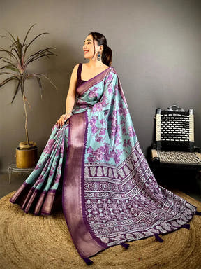Radiance Aqua Floral Print Soft Dola Saree