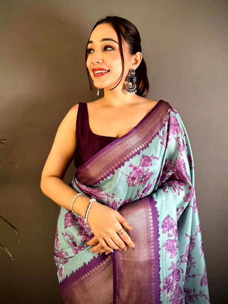 Radiance Aqua Floral Print Soft Dola Saree