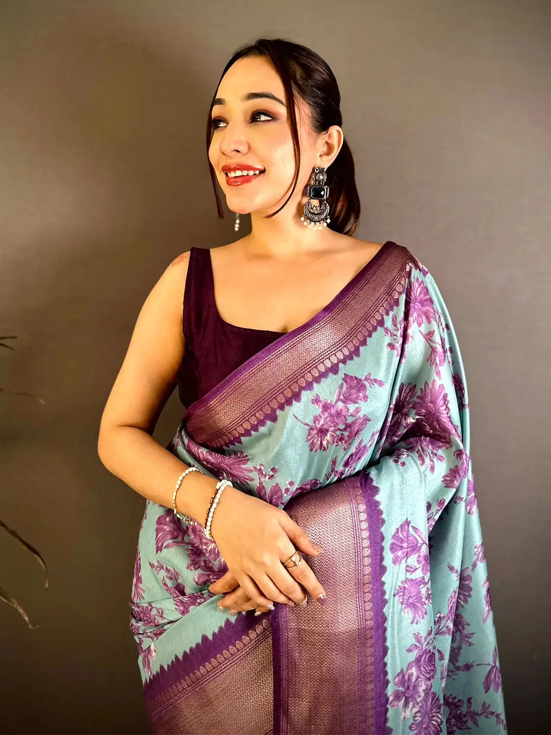 Radiance Aqua Floral Print Soft Dola Saree