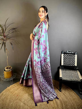 Radiance Aqua Floral Print Soft Dola Saree