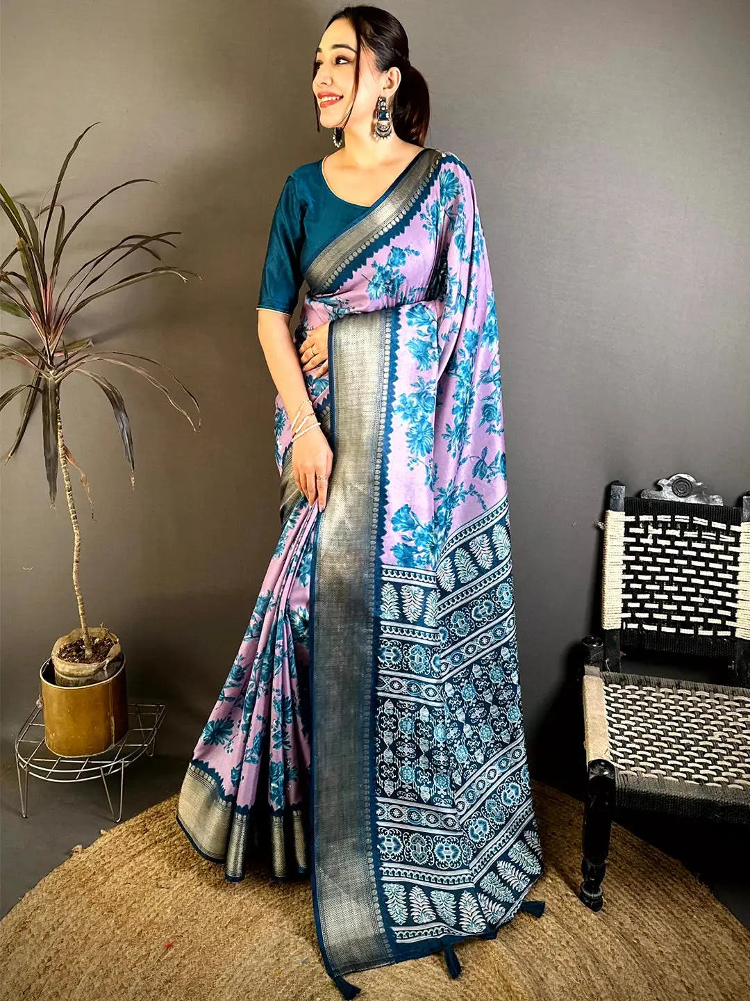 Radiant Lavender Floral Print Soft Dola Saree