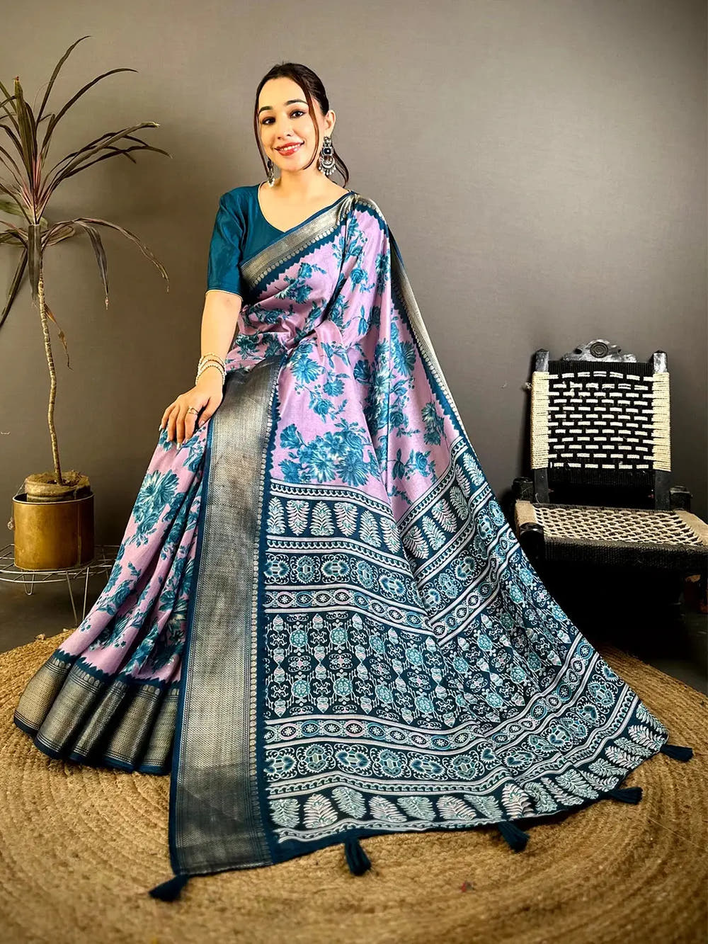 Radiant Lavender Floral Print Soft Dola Saree