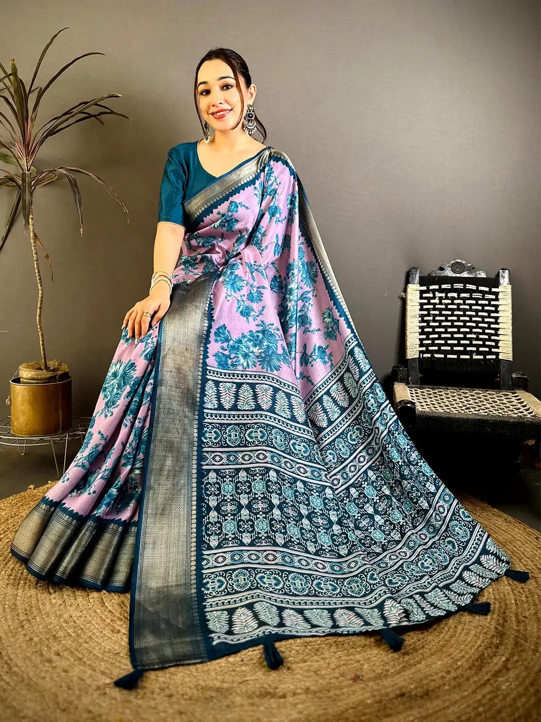 Radiant Lavender Floral Print Soft Dola Saree