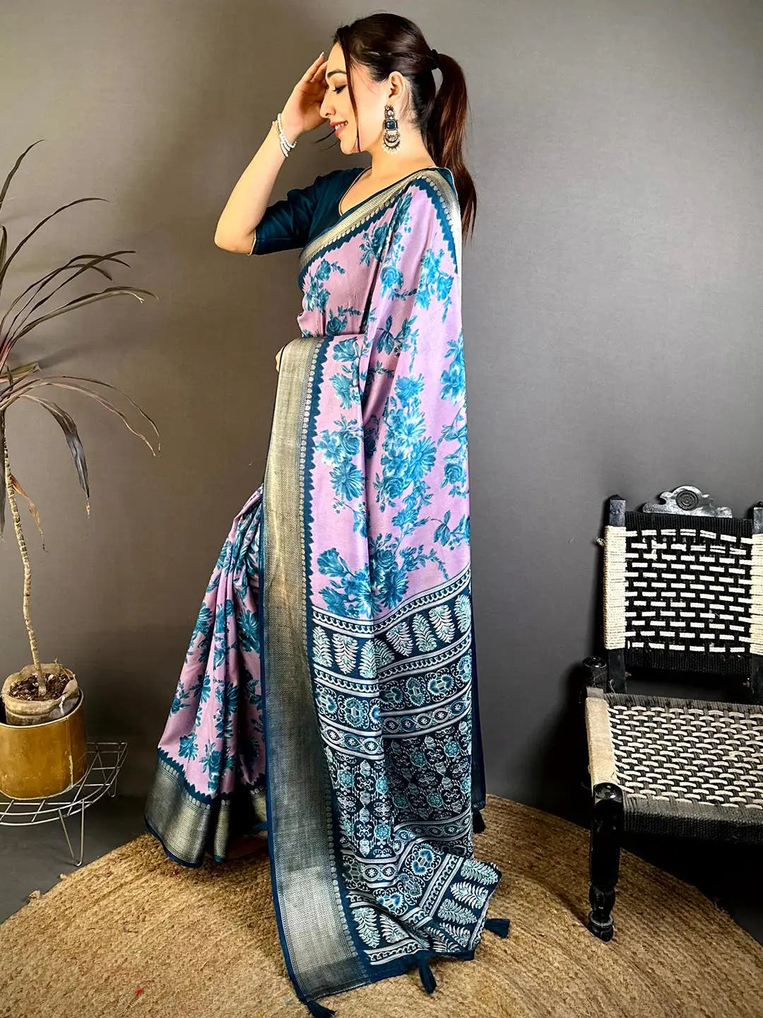 Radiant Lavender Floral Print Soft Dola Saree