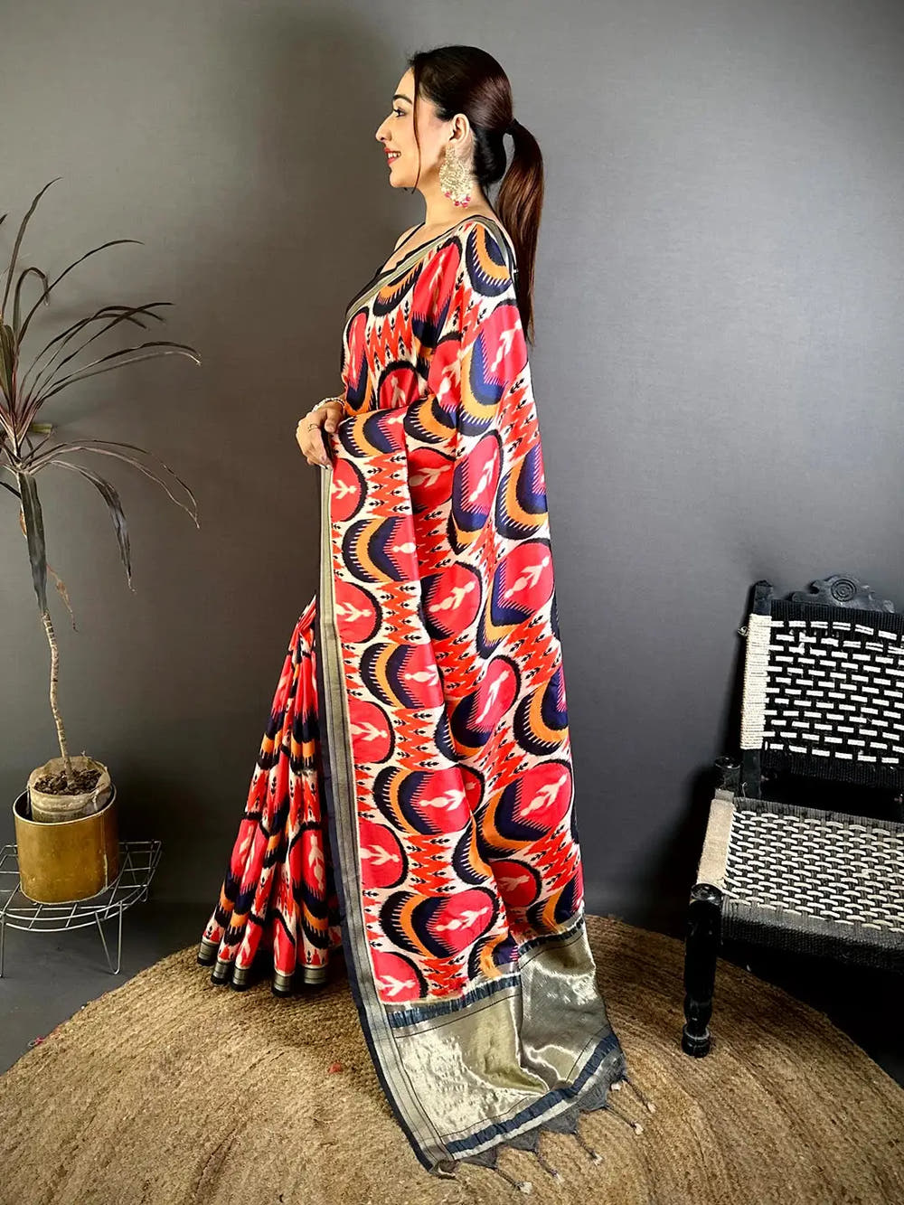 Radiant Red Soft Silk Ikkat Lakda Patta Saree
