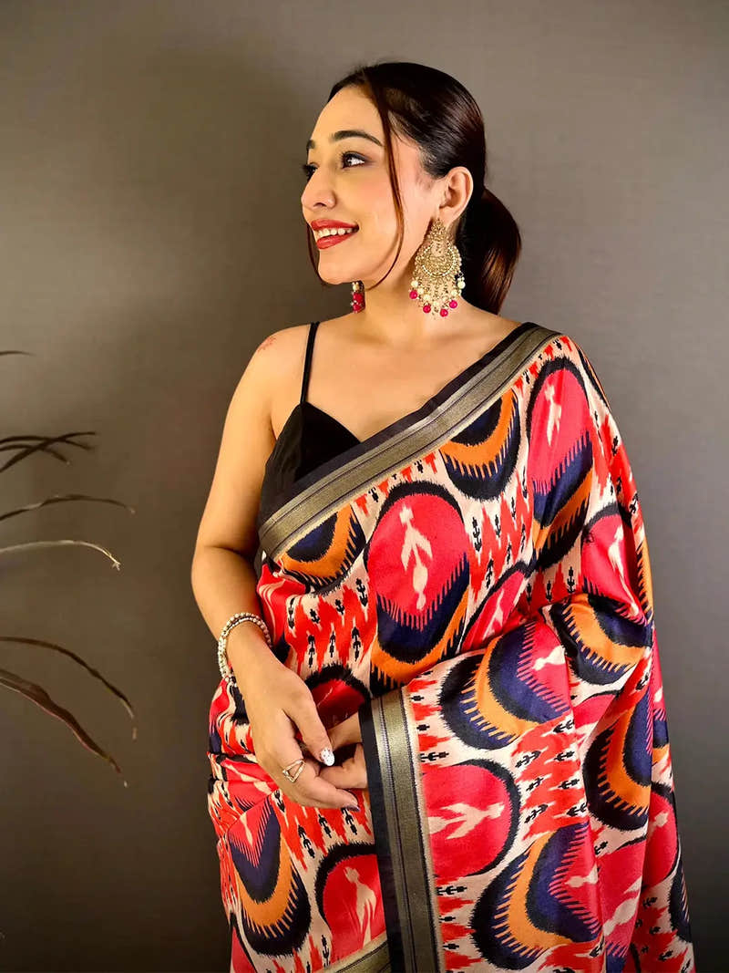 Radiant Red Soft Silk Ikkat Lakda Patta Saree
