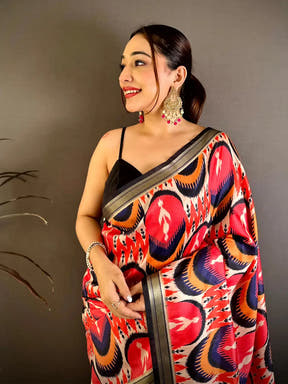Radiant Red Soft Silk Ikkat Lakda Patta Saree