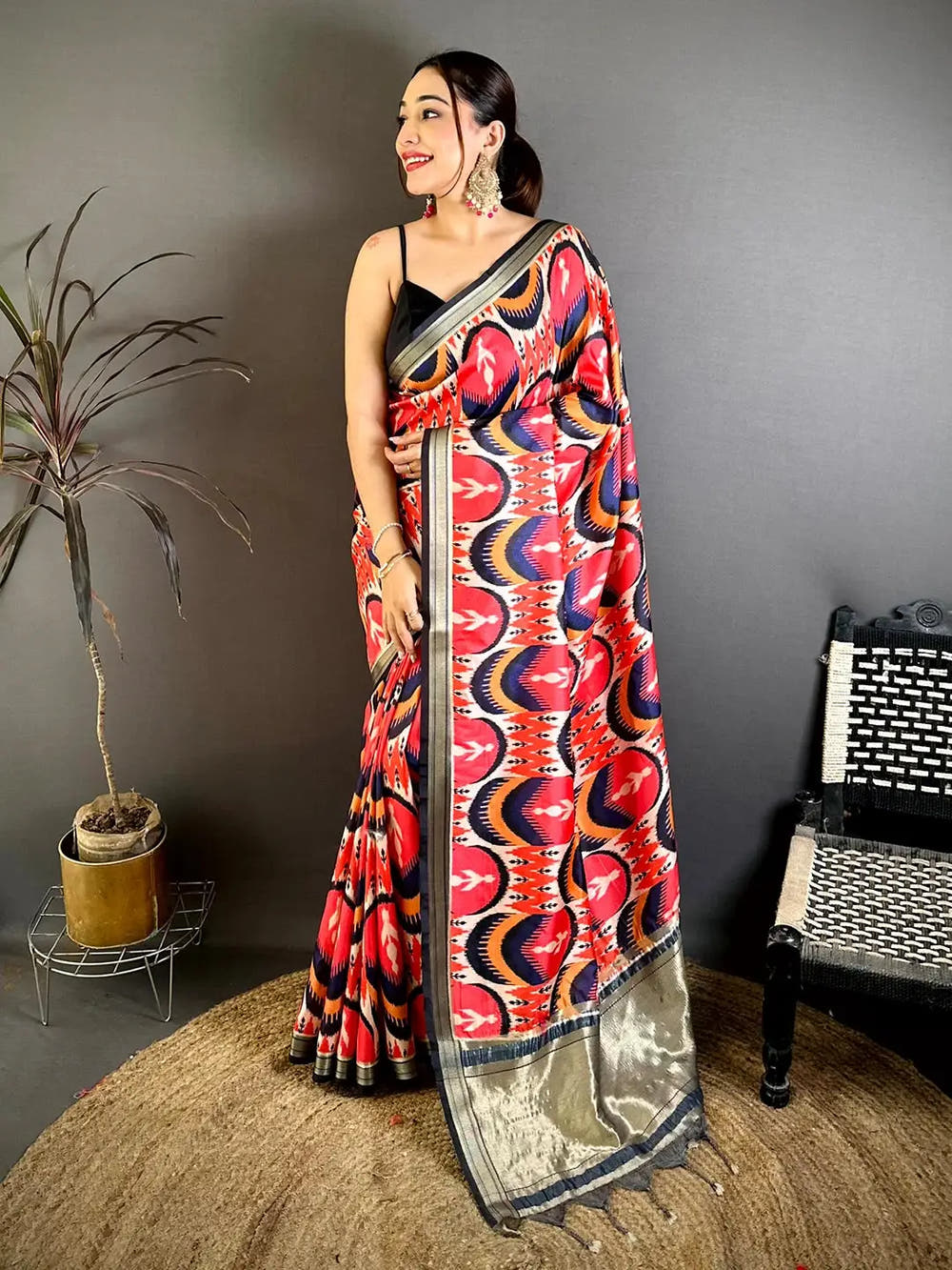 Radiant Red Soft Silk Ikkat Lakda Patta Saree