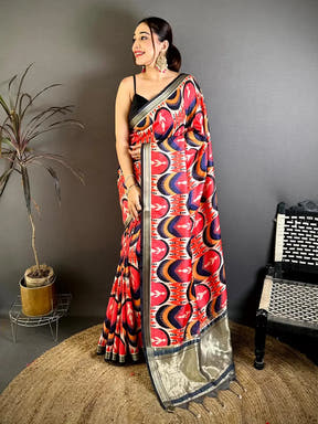 Radiant Red Soft Silk Ikkat Lakda Patta Saree