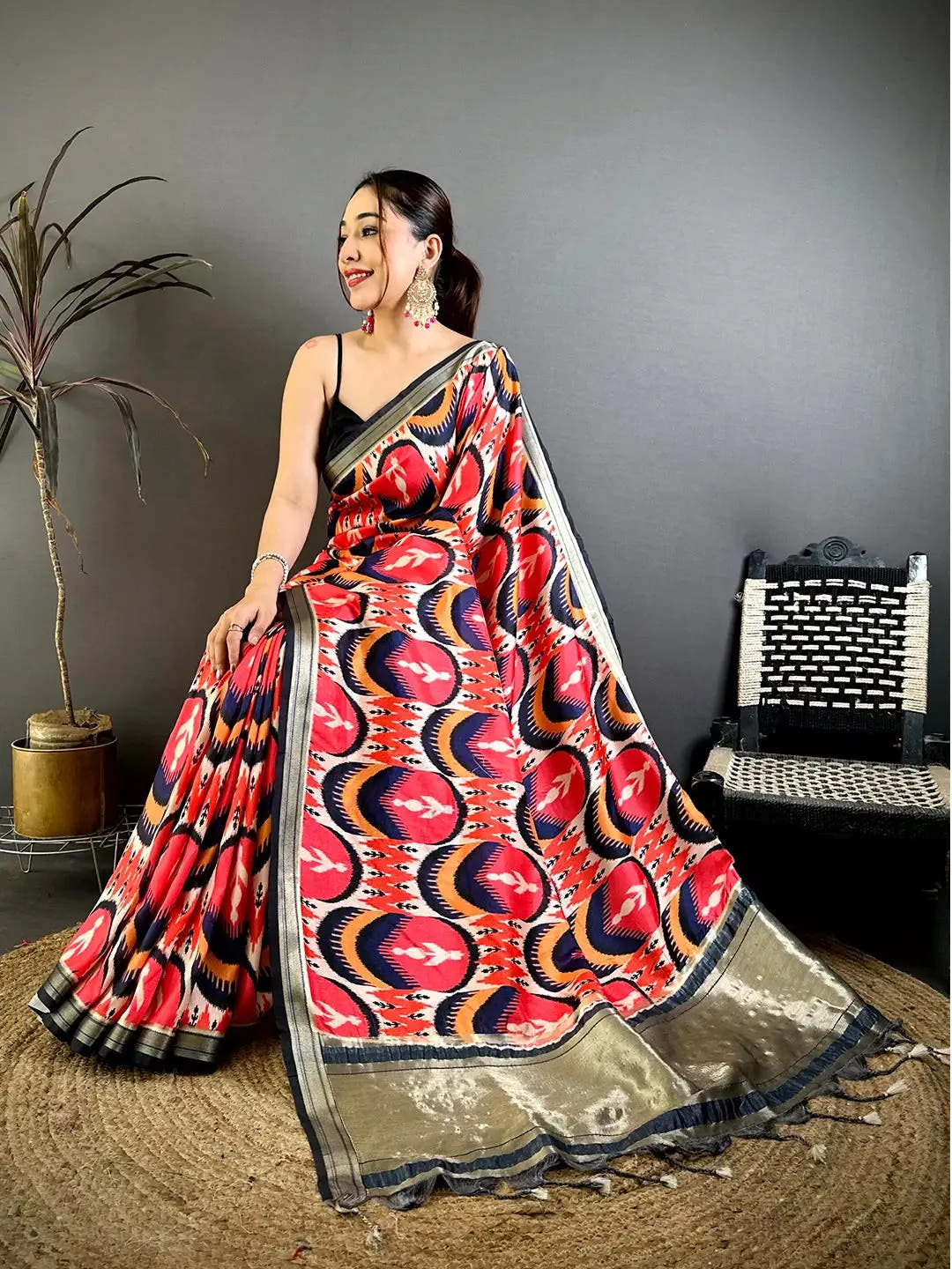 Radiant Red Soft Silk Ikkat Lakda Patta Saree