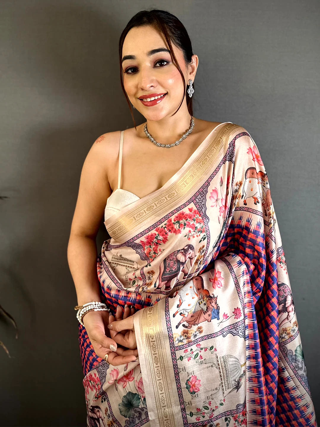 Radiant Soft Silk Checks Pichwai Print Saree - view 2