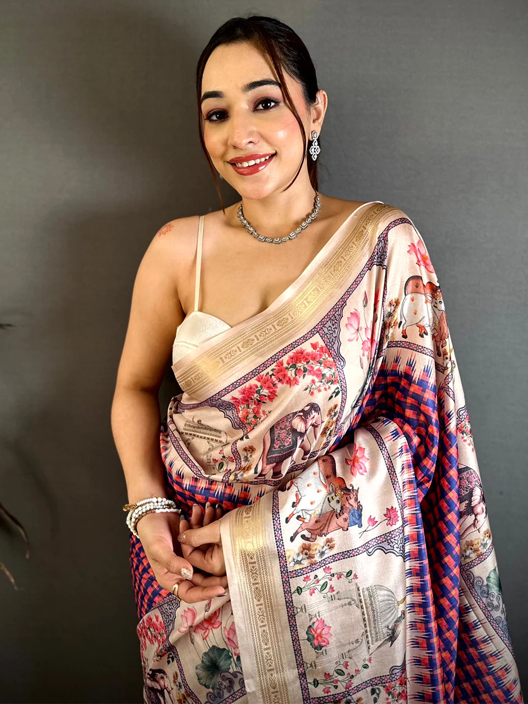 Radiant Soft Silk Checks Pichwai Print Saree - view 2