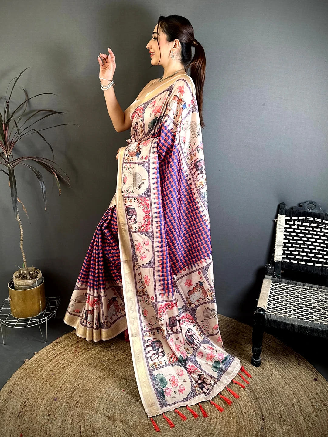 Radiant Soft Silk Checks Pichwai Print Saree
